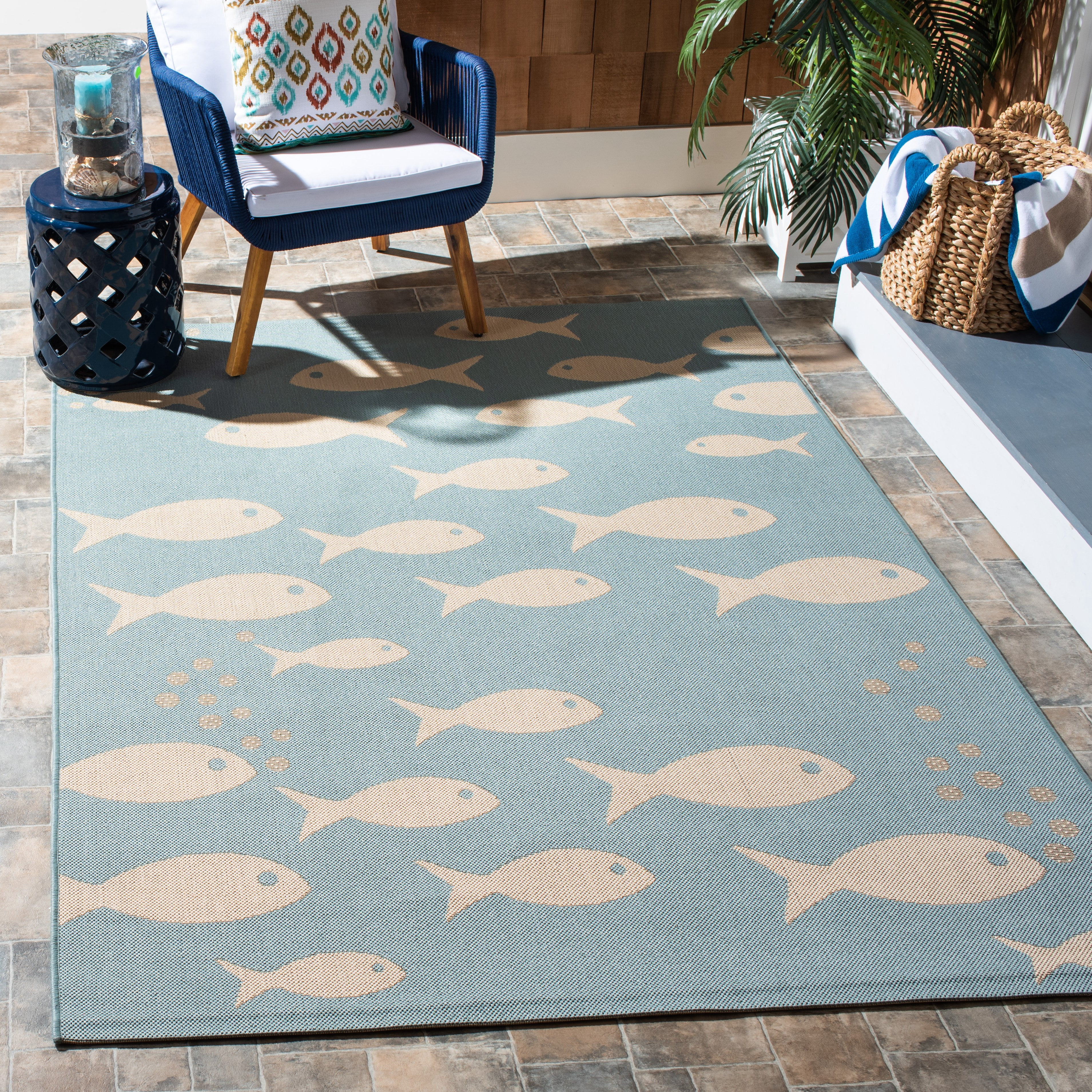 SAFAVIEH Courtyard Trena Fishes Indoor/Outdoor Area Rug, Aqua/Beige, 8' x 11'