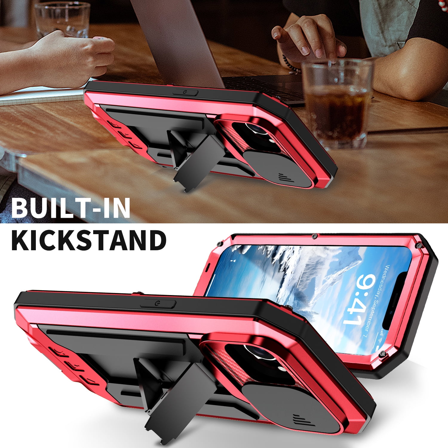Dteck for iPhone 16E Case with Camera Cover Sliding, Heavy Duty Protection Rugged Screw Full Body Military Grade Metal Rubber with Stand Hard Built in Screen Protector for iPhone 16e 2025,Red