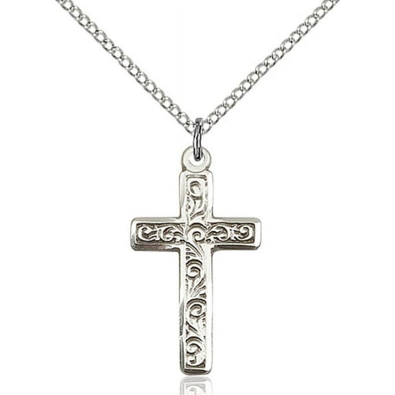 Sterling Silver Cross Pendant 1 3/8 X 3/4 inches with 18 inch Sterling Silver Curb Chain