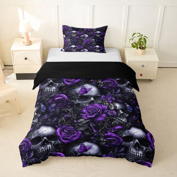 Homewish Halloween Horror Skull Twin Duvet Cover,Goth Romantic Rose Twin Bedding,Purple,Black Reversible,2 Pieces,1 Duvet Cover and 1 Pillowcase