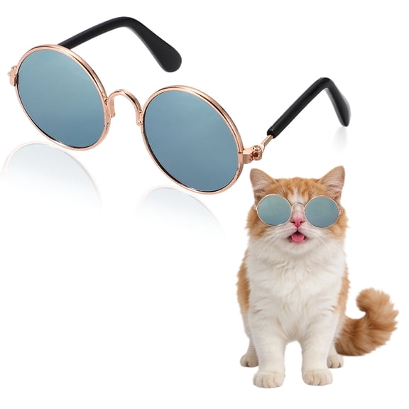Uxcell Dog Sunglasses, Retro Dog Kittens Glasses Classic Metal Glasses Cosplay Costume Photo Props Cute Mini Eyewear, (Round, Ice Blue Film), Intended for Cat/Puppies/Small Pets