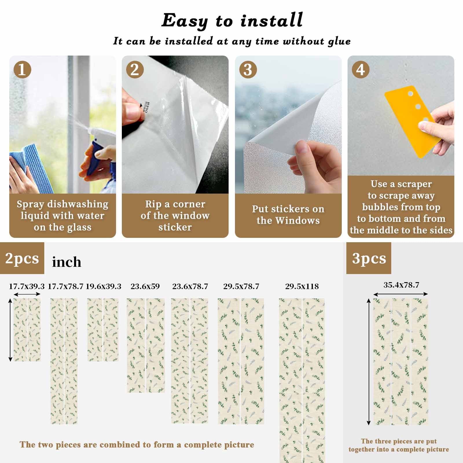 Summer Botanical Window Privacy Film, Watercolor Eucalyptus Leaves Rustic Linen Texture Frosted Glass Window Clings Static Cling UV Heat Blocking Reusable Door Sticker for Bathroom 23.6 x 59 Inch