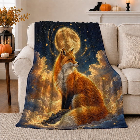 Red Fox Gazing By Golden Moon Mystical Serene, Peaceful Woodland Scene, Warm Flannel Blanket for Cabin and Lodge, Wildlife Lovers Housewarming Gift, Fantasy Home Decor