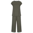 thumbnail image 4 of Women’s Casual Linen 2 Piece Outfits Cap Sleeve Crewneck Blouse with Loose Wide Leg Cropped Pants Sets With Pockets, 4 of 7