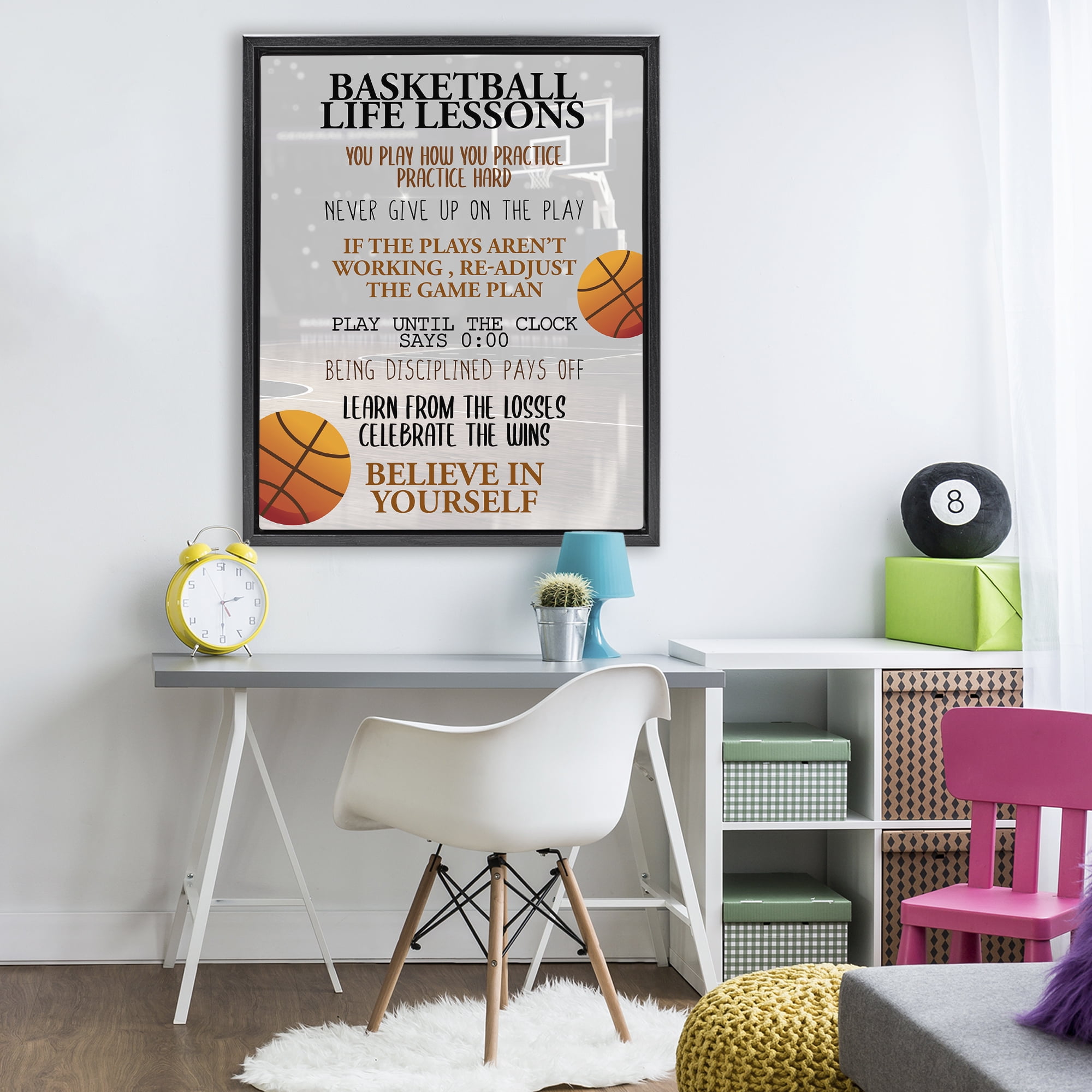 Basketball Life Lessons Black Framed Floater Canvas Wall Art, design by Kim Allen