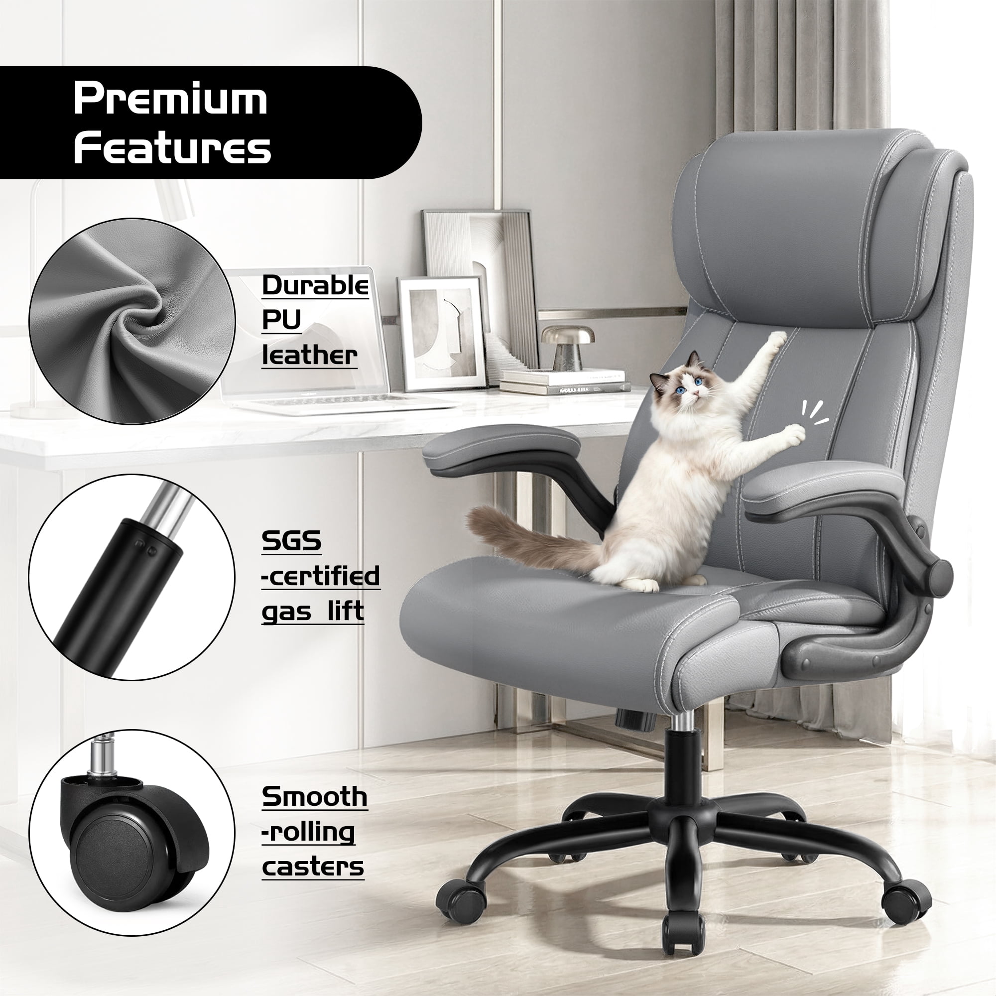 COOLHUT Big and Tall Office Chair 350LBS, Comfy Heavy Duty Executive Desk Chair with Adjustable Lumbar Support, Higth Back Computer Home Office Chair with Padded Flip -up Arms, Light Gray