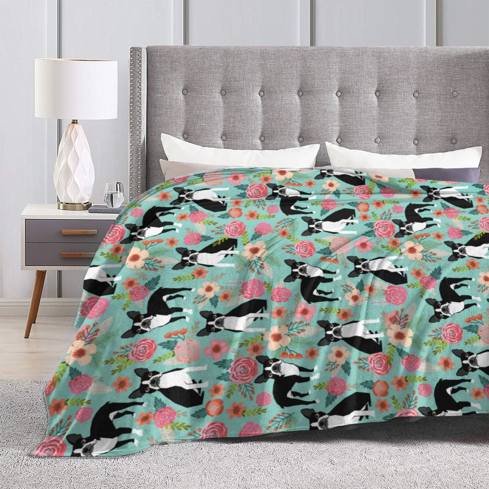 Boston Terrier Dogs Lovers Flower Floral Blanket Gifts For Kids Adults - Lightweight Throw Blanket For Bedroom Living Room Decor Soft Fuzzy Fleece Cozy Plush Bed Couch 80"X60"