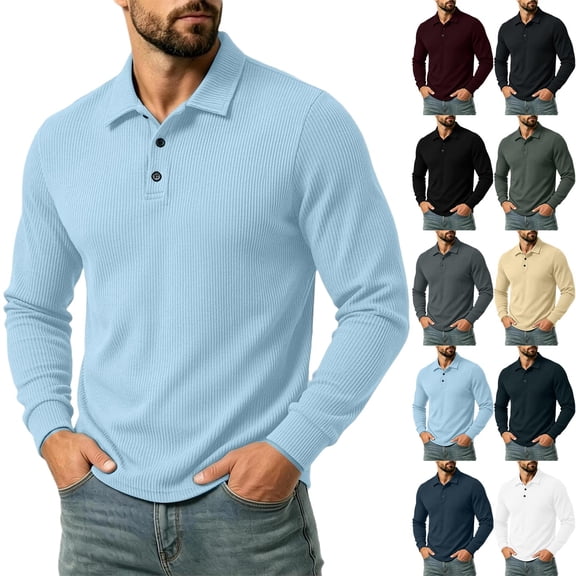 Men's Corduroy Pullover Polo Shirt Long Sleeve Slim Fit Business Casual Golf Top
