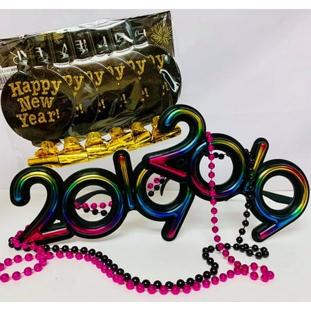 Two Multicolored New Year 2019 Glasses, Beads, and Blowers Party Package Party Supplies