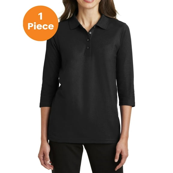 Port Authority L562 Ladies Silk Touch 3/4-Sleeve Polo, Black, XS, Womens Polo Shirts