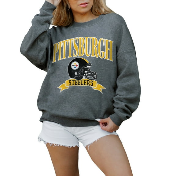 Women's Gameday Couture Charcoal Pittsburgh Steelers Oversized Seal The Deal Premium Fleece Drop Shoulder Pullover