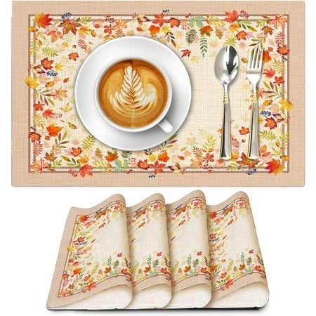 

Fall Maple Leaves Placemats Set of 4 Autumn Leaf Table Mats Burlap Placemat Washable Non-Slip Heat Resistant Place Mats for Party Kitchen Dining Decorations Thanksgiving 12 X 18 Inch