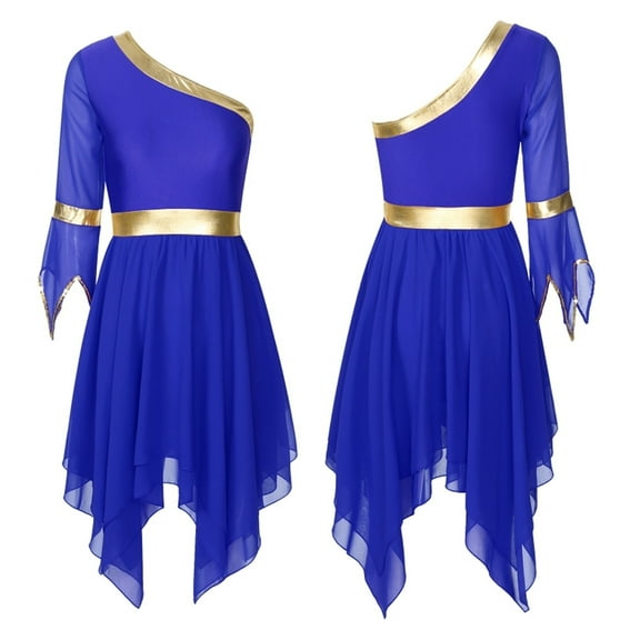 Womens Praise Dance Dress One Shoulder Sequin Trim Flare Sleeve Irregular Hem Liturgical Dresses