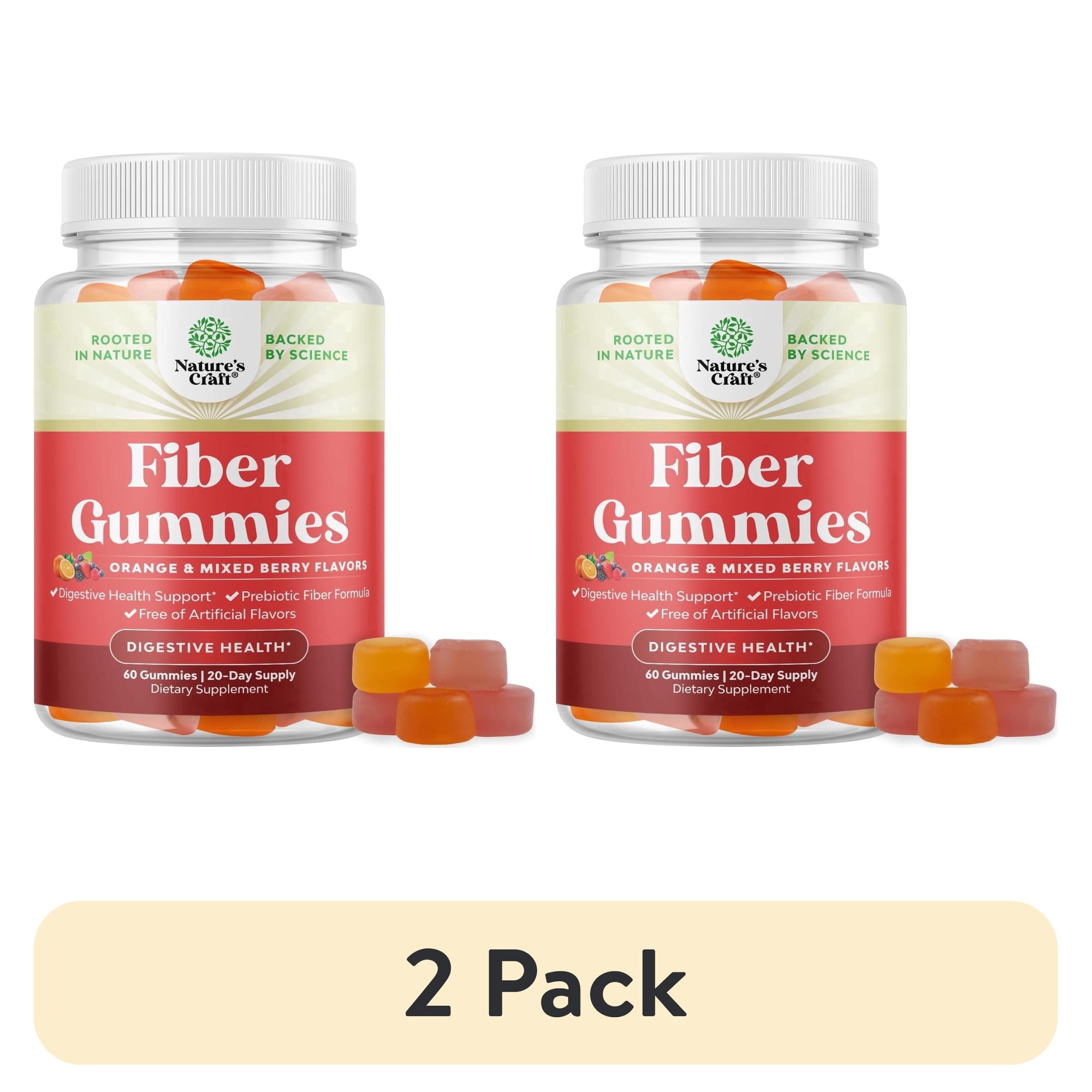 (2 pack) Natures Craft Prebiotic Fiber Gummies for Adults, Orange and Mixed Berry, 60 Count
