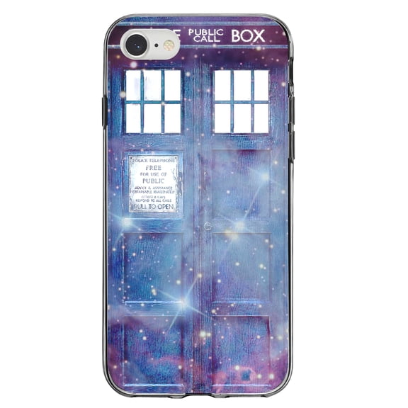 DistinctInk Clear Shockproof Hybrid Case for iPhone 7 8 SE (2020 Model) 4.7" Screen TPU Bumper Acrylic Back Tempered Glass Screen Protector - Fading TARDIS Outer Space Stars