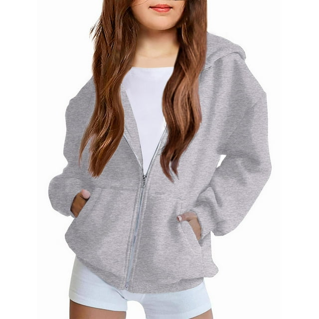 Sudadera con capucha Arshiner para niñas, forro polar con cierre completo, gris, talla 6
