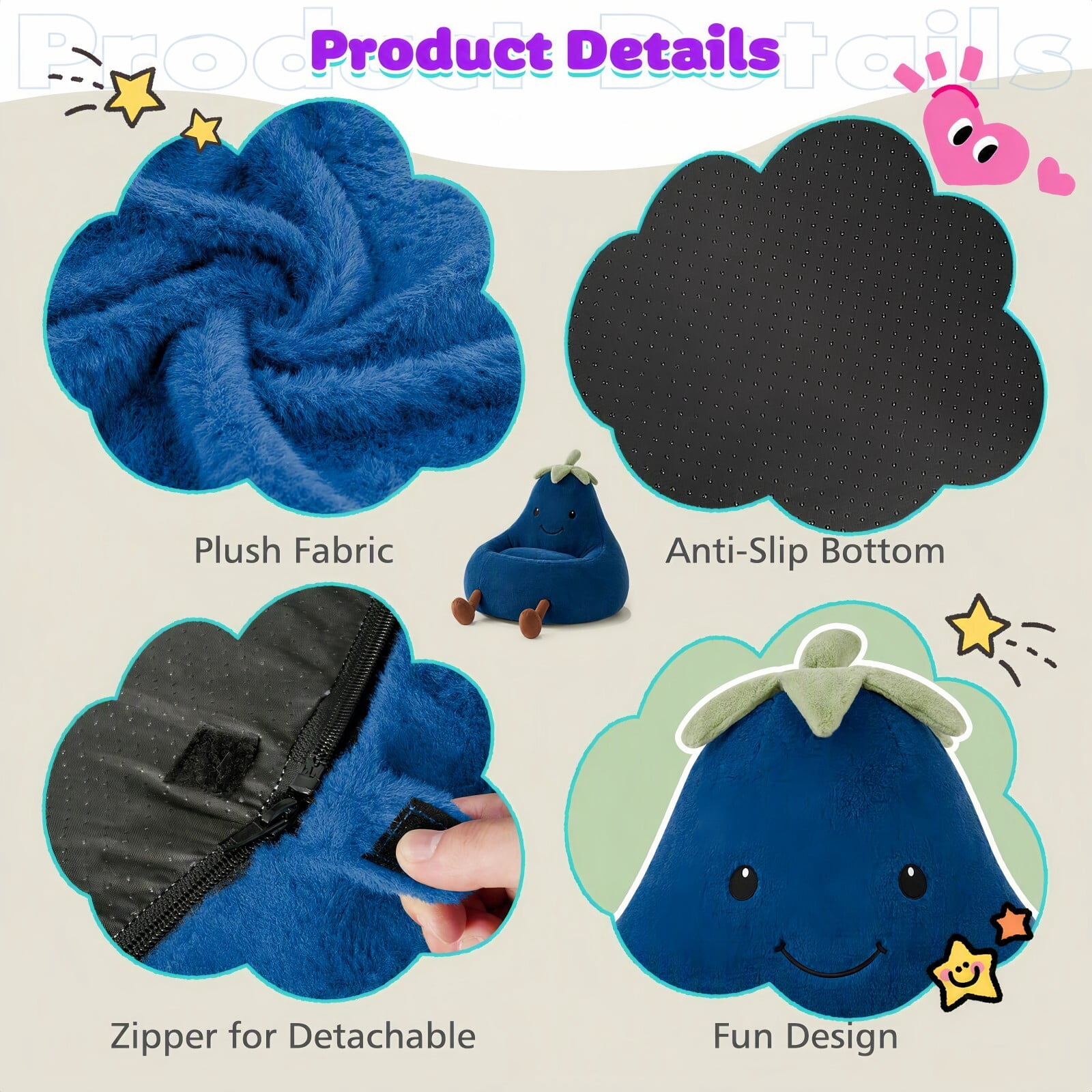 Kelno 31" Kids Bean Bag Chair Faux Rabbit Fur Lazy Chair Toddler Couch, Dark Blue
