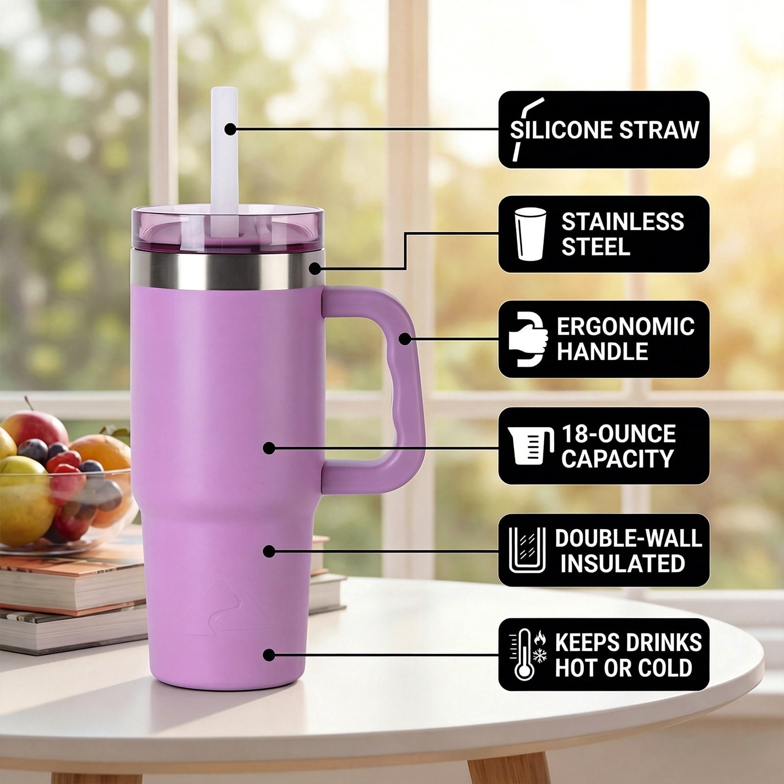 Ozark Trail 18 oz Stainless Steel Insulated Tumbler with Handle, Lilac