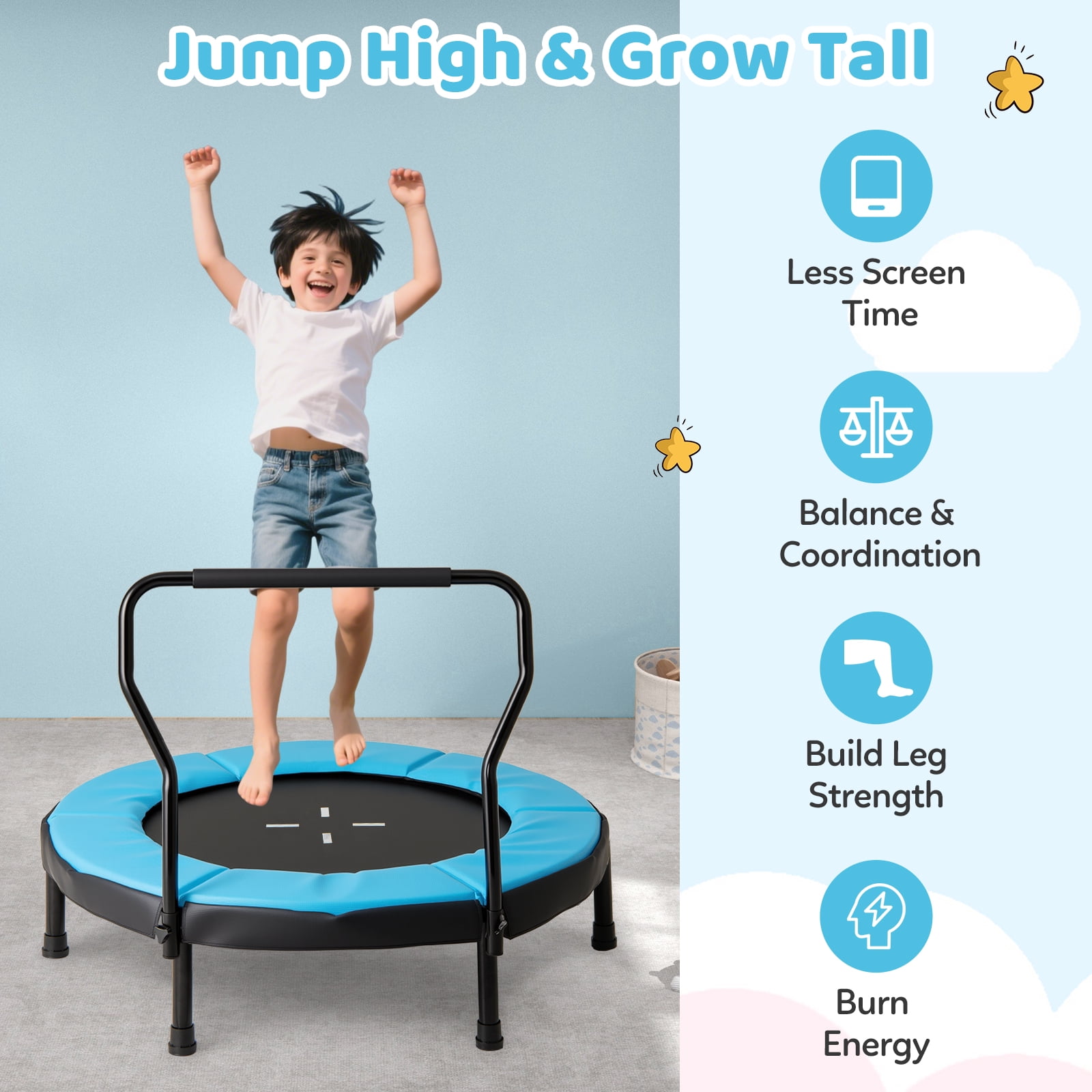 Gymax 40'' Trampoline for Kids Indoor/Outdoor Fitness Trampoline w/ Foam Handlebar Blue