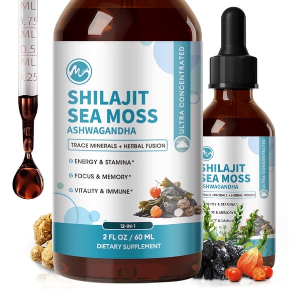 Shilajit Resin Liquid Drop Supplement, with Sea Moss, Ashwagandha,Energy, Antioxidant, Immune Support, 60ML 2 FL oz