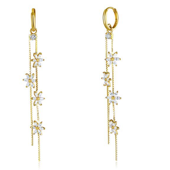 Wellingsale Ladies 14k Yellow Gold Polished CZ Flower Dangle Hanging Drop Earrings