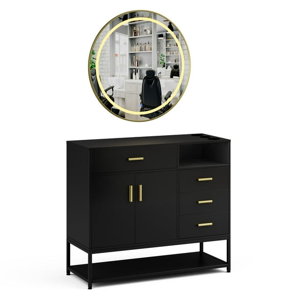 Advwin Freestanding Salon Station with LED Mirror, Barber Station with Cabinet, 4 Drawers & 3 Hair Dryer Holders, Modern Salon Dresser for Hair Styling, Beauty Spa Equipment, Black