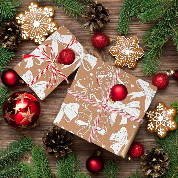 Christmas Wrapping Paper Roll – 16.9x118in Kraft Gift Wrap with Festive Holiday Pattern, Tear-Resistant Khaki Paper for Xmas, Birthday, Wedding, Anniversary Packaging