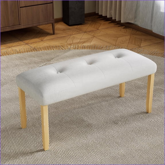 Bench, Modern Farmhouse Tufted Upholstered for Bedroom Dining Living Entryway | 39.75”L | Linen Blend | Beige Natural