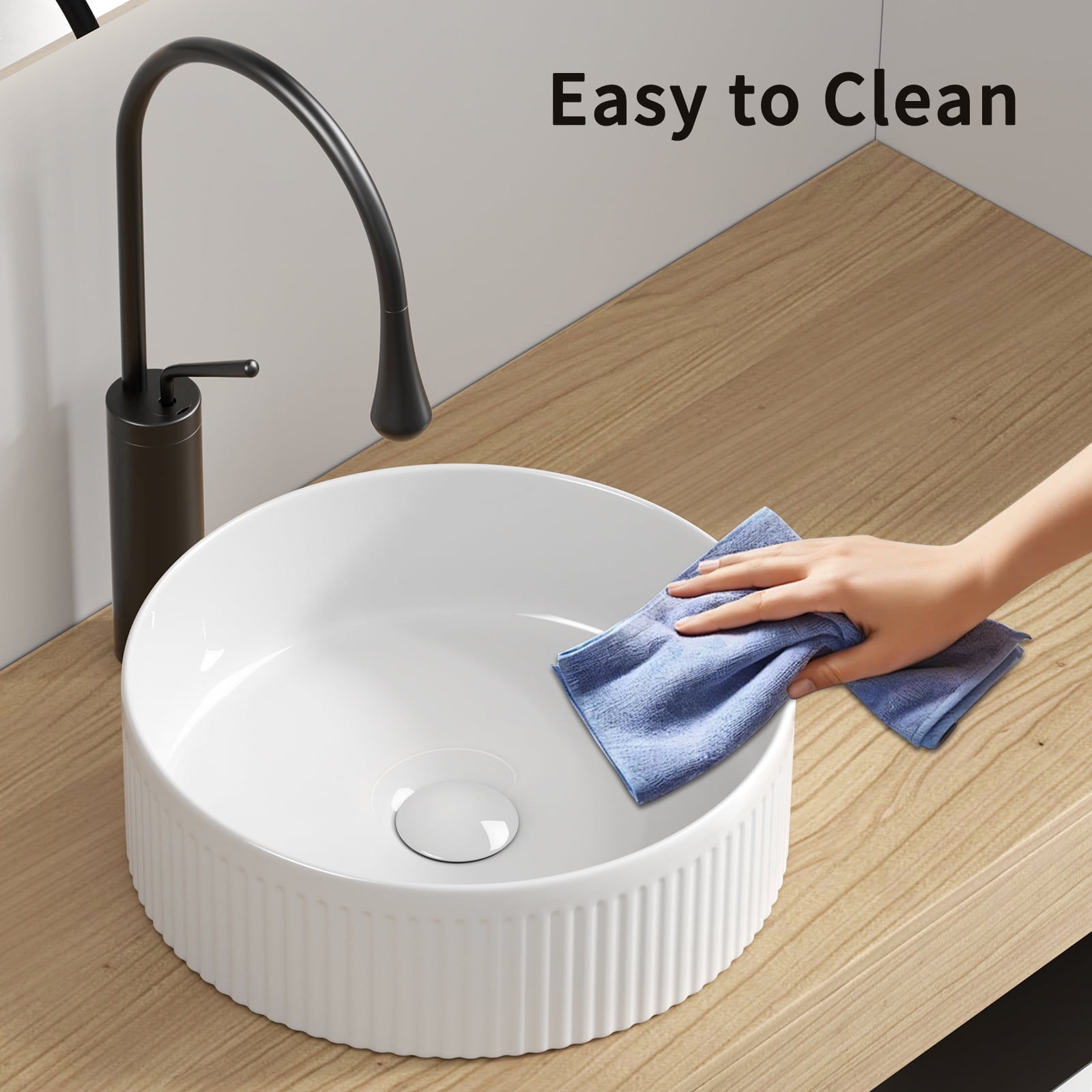 14" Round Ceramic Vessel Sink - Milk White Above Counter Bathroom Sink, Modern Wave Design, Porcelain Art Basin for Vanity Cabinet
