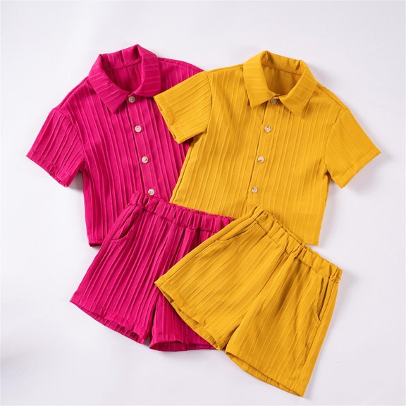 Swuxness Boys Girls Summer 2 Piece Set, Toddler Short Sleeved Tops Long Pants, Children's Button Down Collar Shirts Wide-Leg Pants Outfit Casual Loose Suit Hot Pink, 2-3 Years