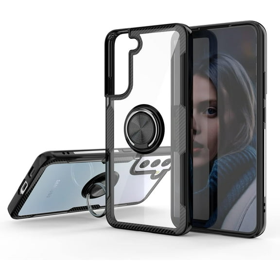Galaxy S22  Plus Case, Carbon Fiber Design Crystal Clear Cover with Rotation Ring Kickstand [Work with Magnetic Car Mount] for Samsung Galaxy S22  Plus (Black)
