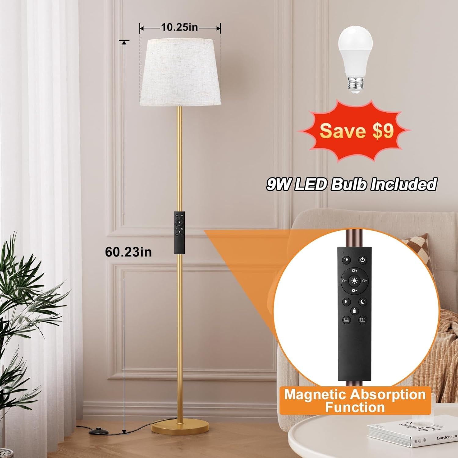 Upgraded Floor Lamps for Living Room, Modern Floor Lamp with Remote Control, Dimmable Colors Temperature Standing Lamp Foot Switch, 9W Bulb Tall Lamps for Bedroom Office Kid Room - Gold