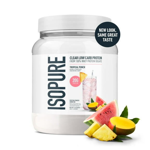 Isopure Clear Low Carb 100% Whey Protein Isolate Powder, Tropical Punch, 20g Protein, for Muscle Growth & Recovery, 16 Servings