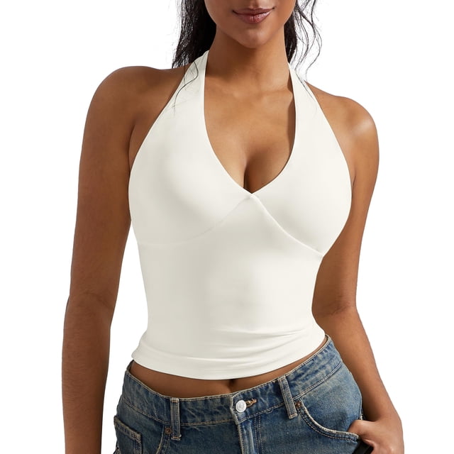 Camiseta sin mangas OMKAGI para mujer, sexy, con cuello en V, cuello en V, Y2K, blanca
