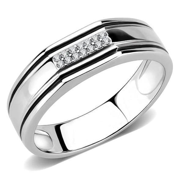 Men High Polished Stainless Steel Ring with AAA Grade CZ in Clear - Size 12