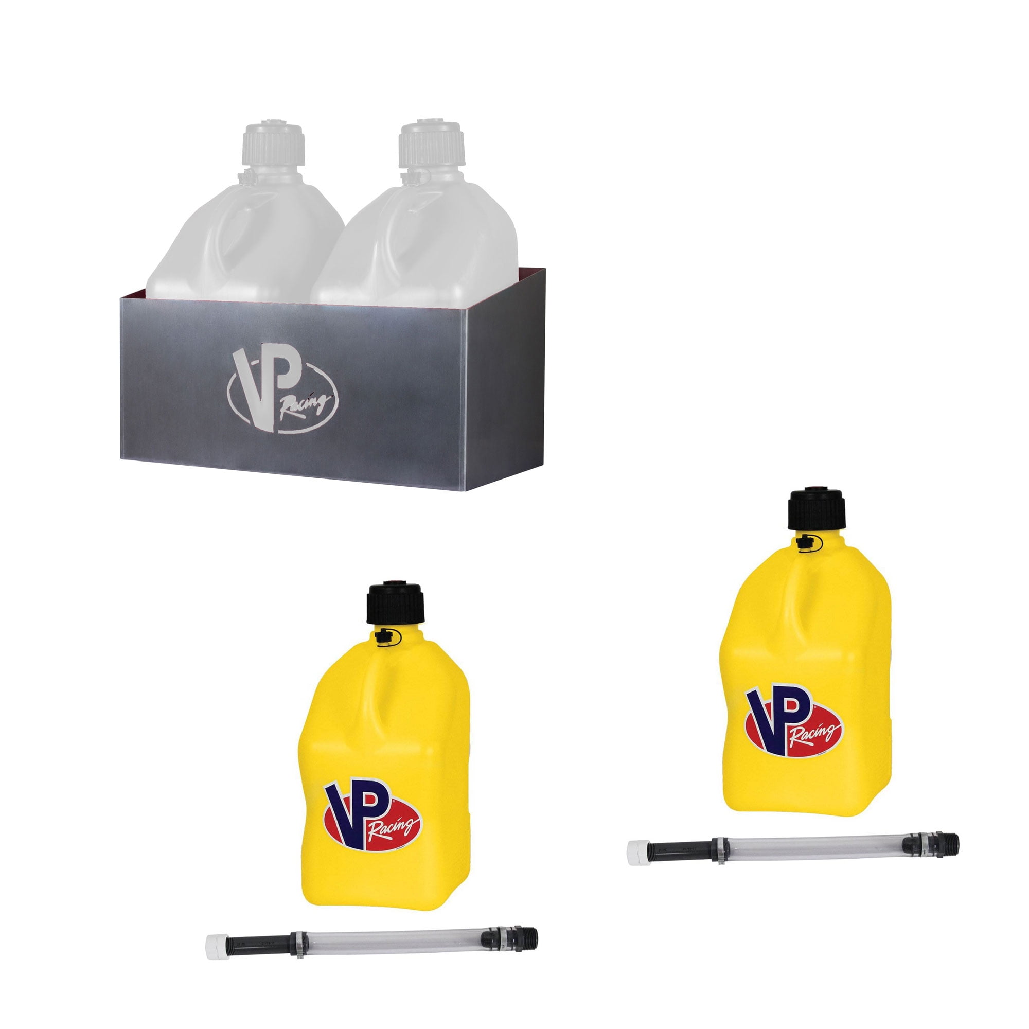 2 Pack VP Racing Silver 5 Gallon Square Fuel Jug/2 Deluxe Hoses/Water/Gas Can 