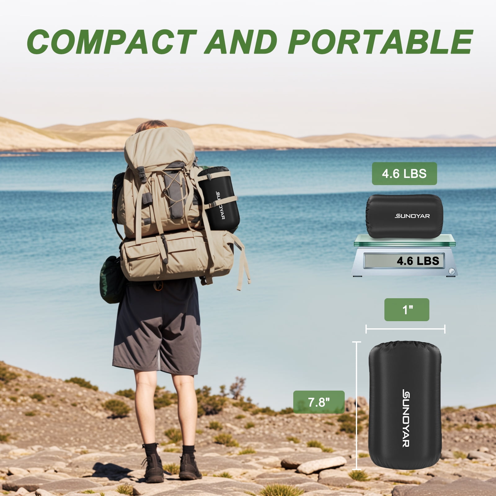 SUNOYAR Sleeping Bag, Waterproof Portable Sleeping Bags for Adults with Compression Sack for All Season Camping, Hiking, Tent, Travel, Green