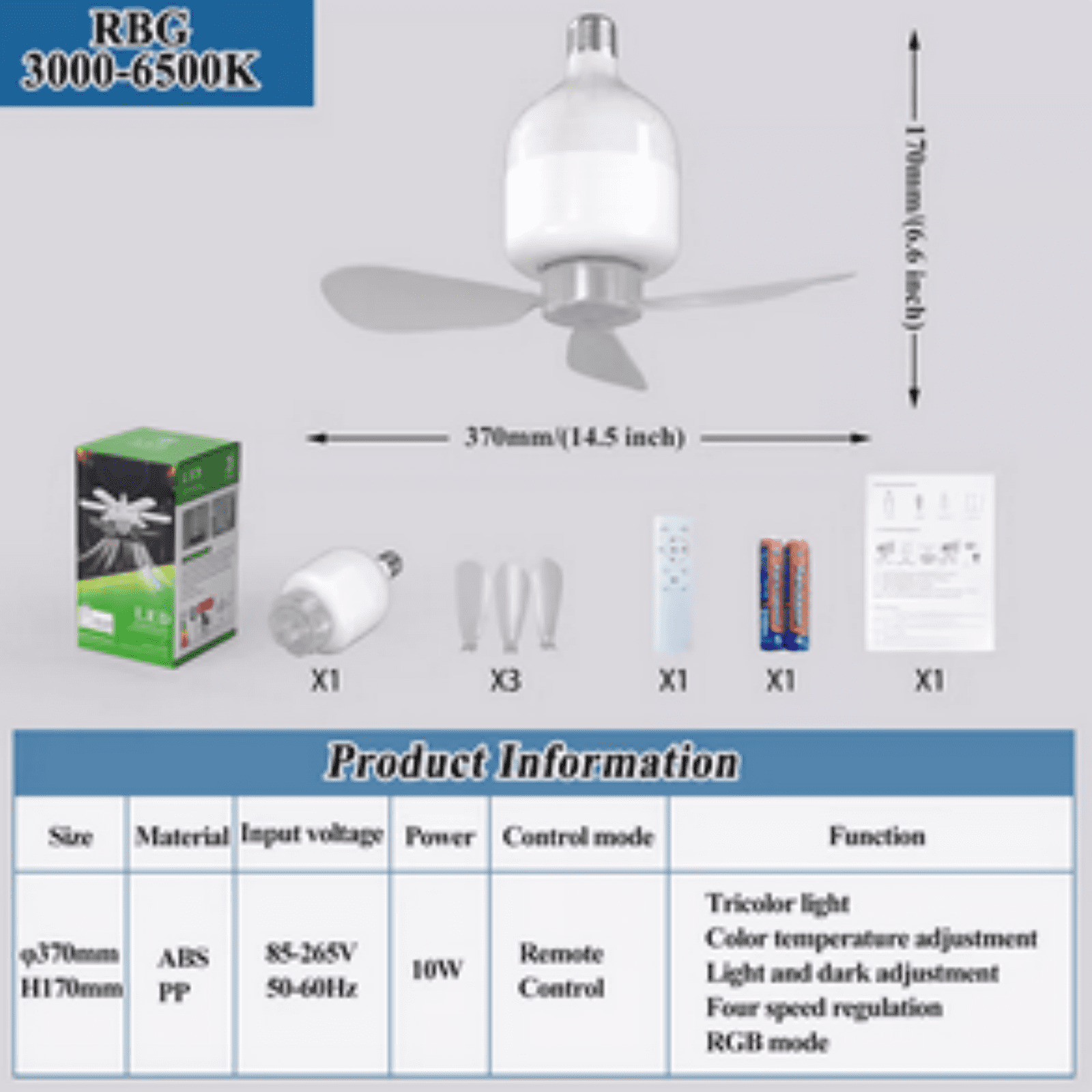 Qholemyo E27 LED Ceiling Fan Light With RGB Remote 4 Speed 3 Blades Cooling Fan For Bedroom Kitchen