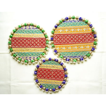 Rangoli Tray Decor – Festive Hand-crafted three piece set. Ideal for placing Pooja Thali Diwali Decor Housewarming gift