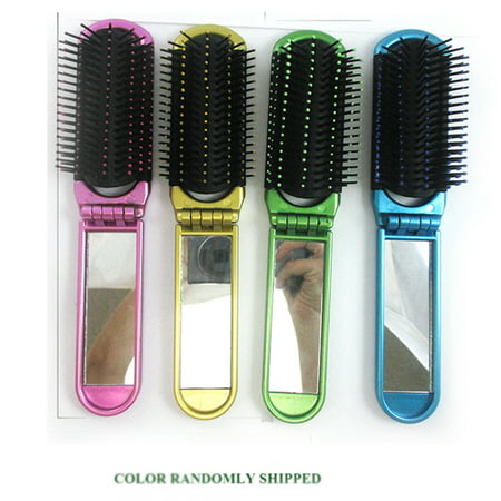 New Folding Hair Brush With Mirror Compact Pocket Size Travel Car For Purse (Best Travel Hair Brush)