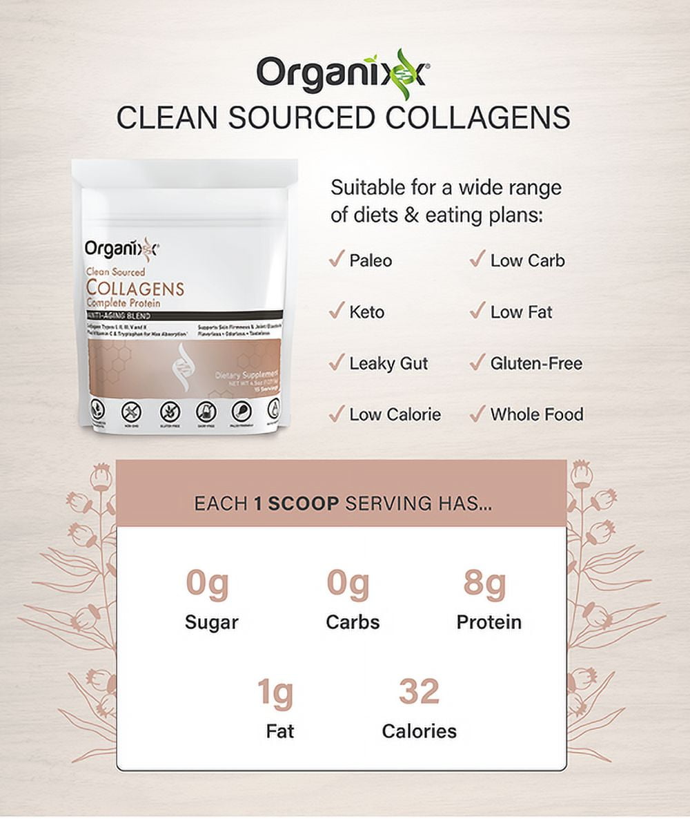 Organixx Clean Sourced Collagens with Vitamin C and 5 Types of Hydrolyzed Collagen Peptides. 15 Servings