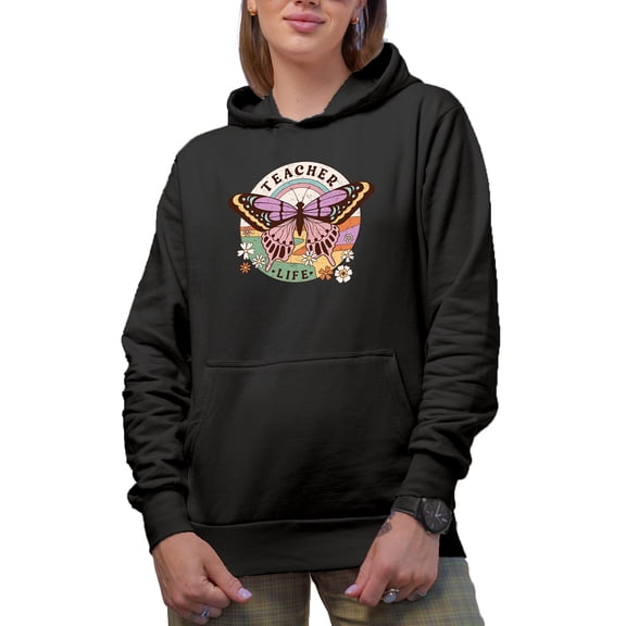 Distressed Teacher Life, Retro Butterfly Art, Teaching Merch Gift, Black Hooded Sweatshirt or Hoodie, Small