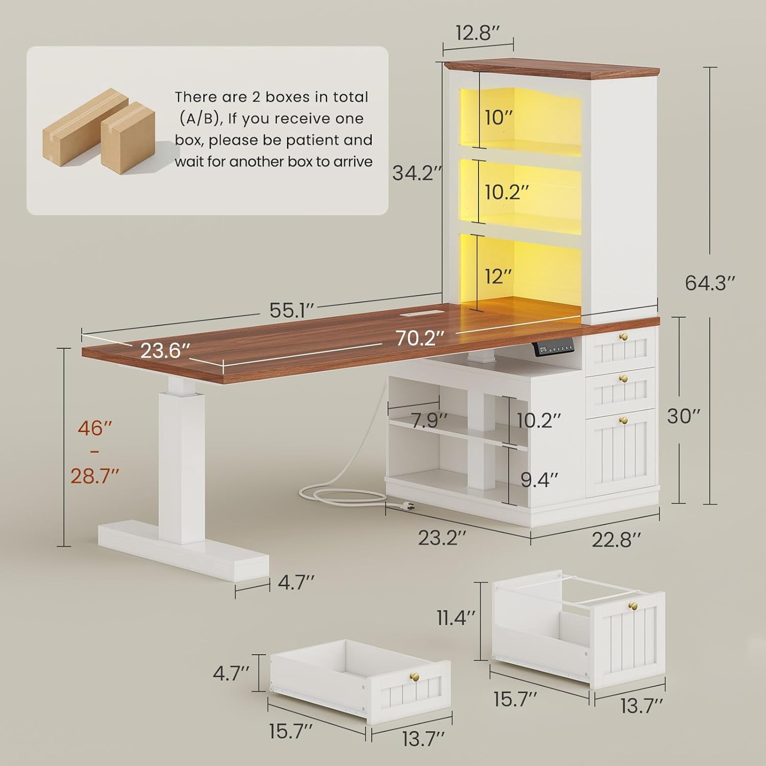 Farmhouse Standing Desk Adjustable Height with 3-Tier Bookcase, 70" Executive Electric Office Desk with Power Outlets and Led Light, Sit Stand Computer Desk with Storage Shelves, File Drawers, White