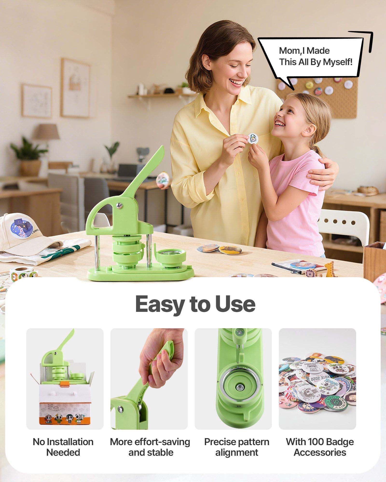 Button Maker Machine 2.28 inch - DIY Pin Button Maker Kit with 100 Parts, Circle Cutter & Wrenches - for Badges, Keychains, Crafts - Green