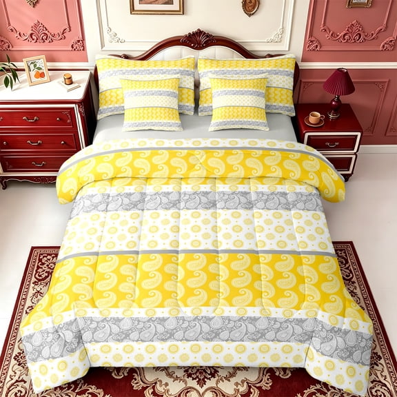 Erosebridal Yellow Paisley Stripe 7-Piece Twin Bedding,Nature Art Bedding Comforter Set,Light Gray Reversible