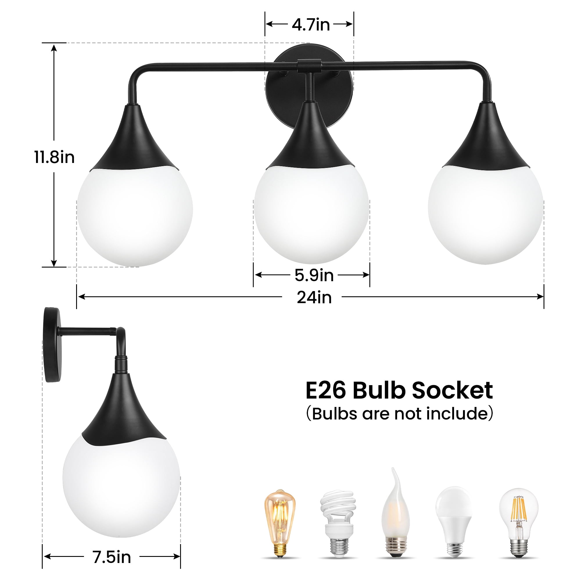 Bathroom Vanity Light 3 Lights Bathroom Lighting Fixtures Over Matte Black Wall Sconces with Frosted Globe Glass for Hallway Restroom