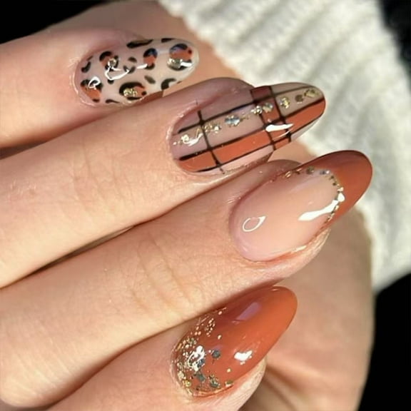 Sinyiin 24pcs Gradient Glittering Press On Nail Shining French Leopard Print For Party