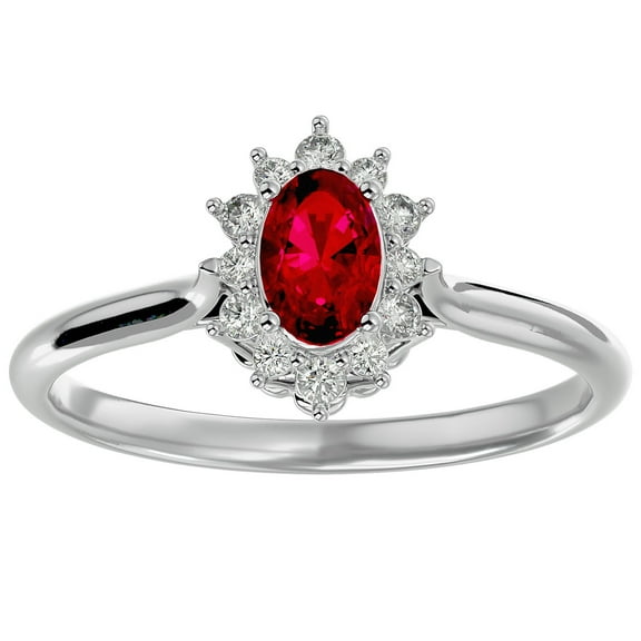 SuperJeweler 2/3 Carat Oval Shape Created Ruby and Halo Diamond Ring In Sterling Silver For Women