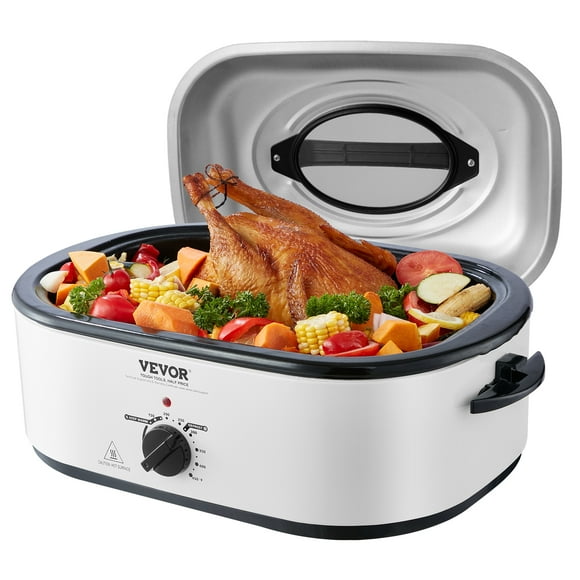 VEVOR Electric Roaster Oven, 26 lb 22 QT Turkey Roaster Oven with Self-Basting Lid, Roaster Oven with Removable Pan, Defrost & Warm Function, Adjustable Temperature, Visible & Self-basting Lid, White