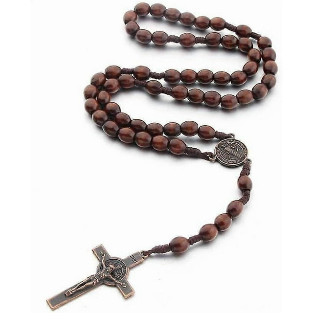 Catholic Cross Rosary Necklace, Natural Wood Prayer Beads with Cross Jesus Christ Saint Benedict Medal, for Christians